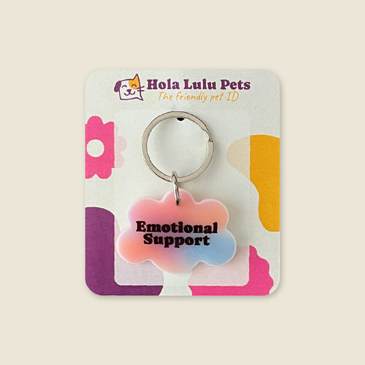 Cute "Emotional Support" cloud and rainbow illustration on a durable white acrylic QR dog tag by Hola Lulu Pets.