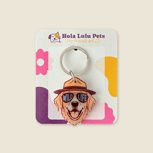 Golden Retriever dog wearing a scout ranger hat illustration on a durable QR code dog tag by Hola Lulu Pets.