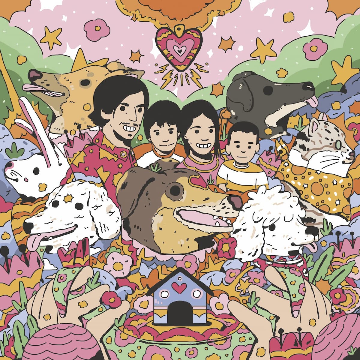 Custom family portrait illustration showing the creators of Hola Lulu Pets with their beloved pets in Mexico. The artwork that inspired the brand's artistic style.