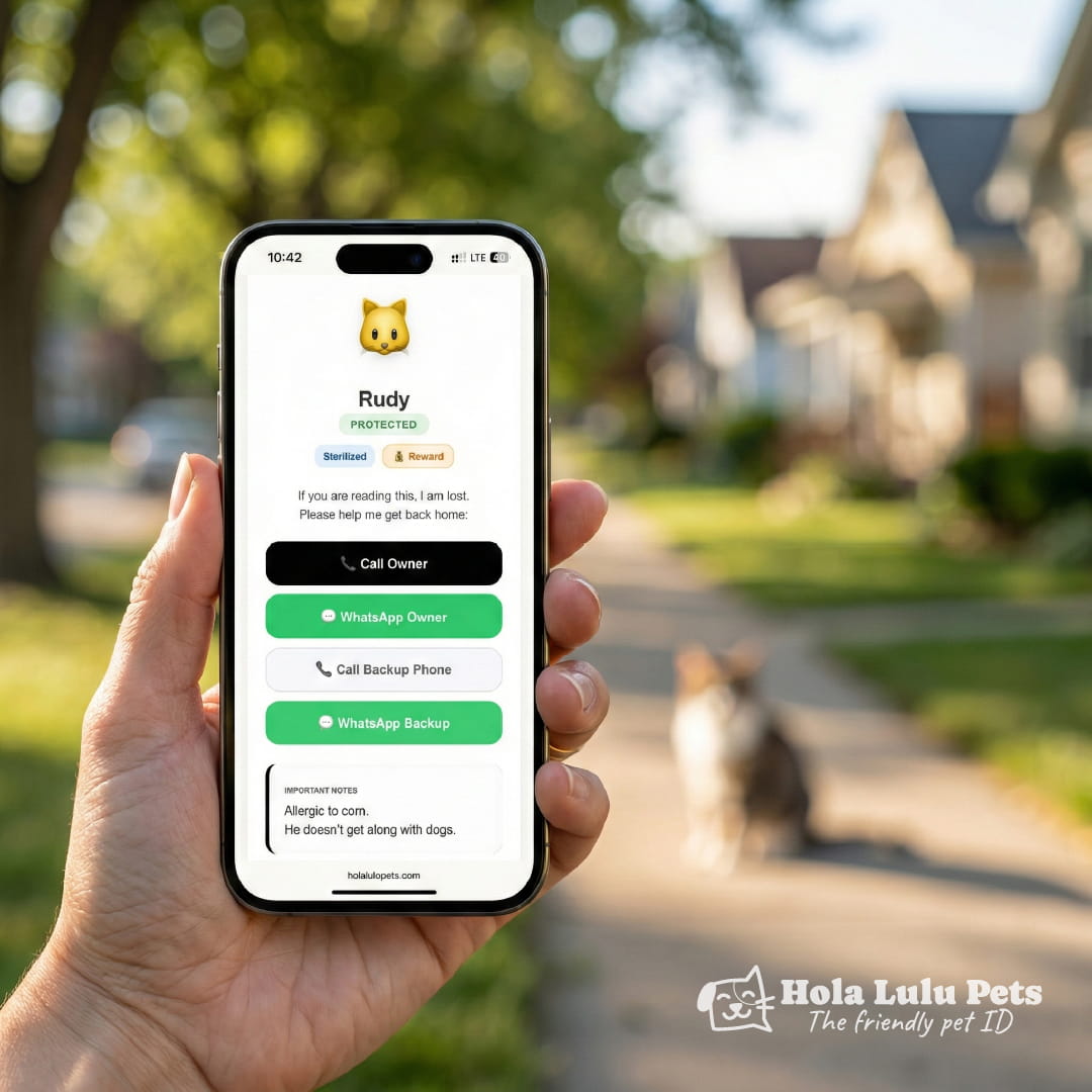 Smartphone screen displaying contact details of a Hola Lulu Pets smart cat tag in an outdoor environment.