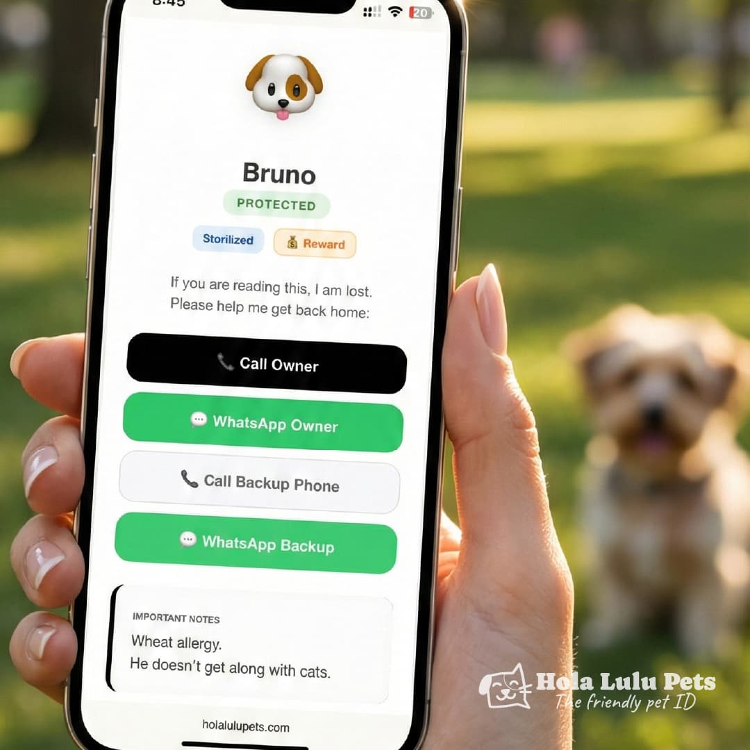 Smartphone screen displaying contact details of a Hola Lulu Pets smart pet tag in an outdoor environment.