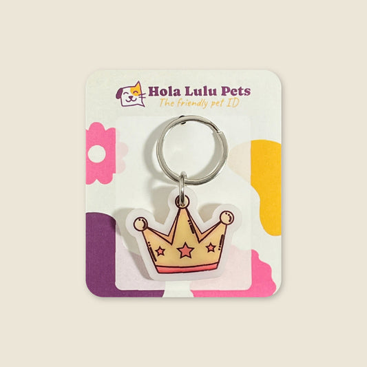 Royal crown smart dog ID tag with QR code, gold and red velvet design for dogs.